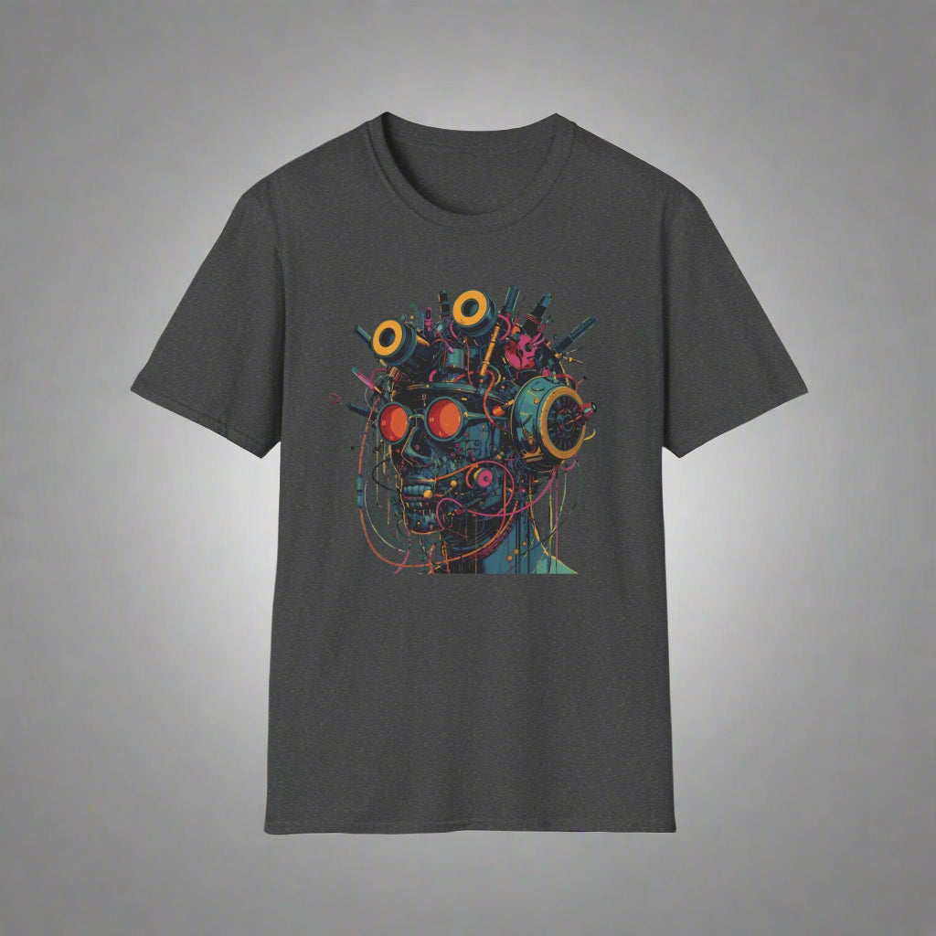 Black t-shirt with a colorful abstract design