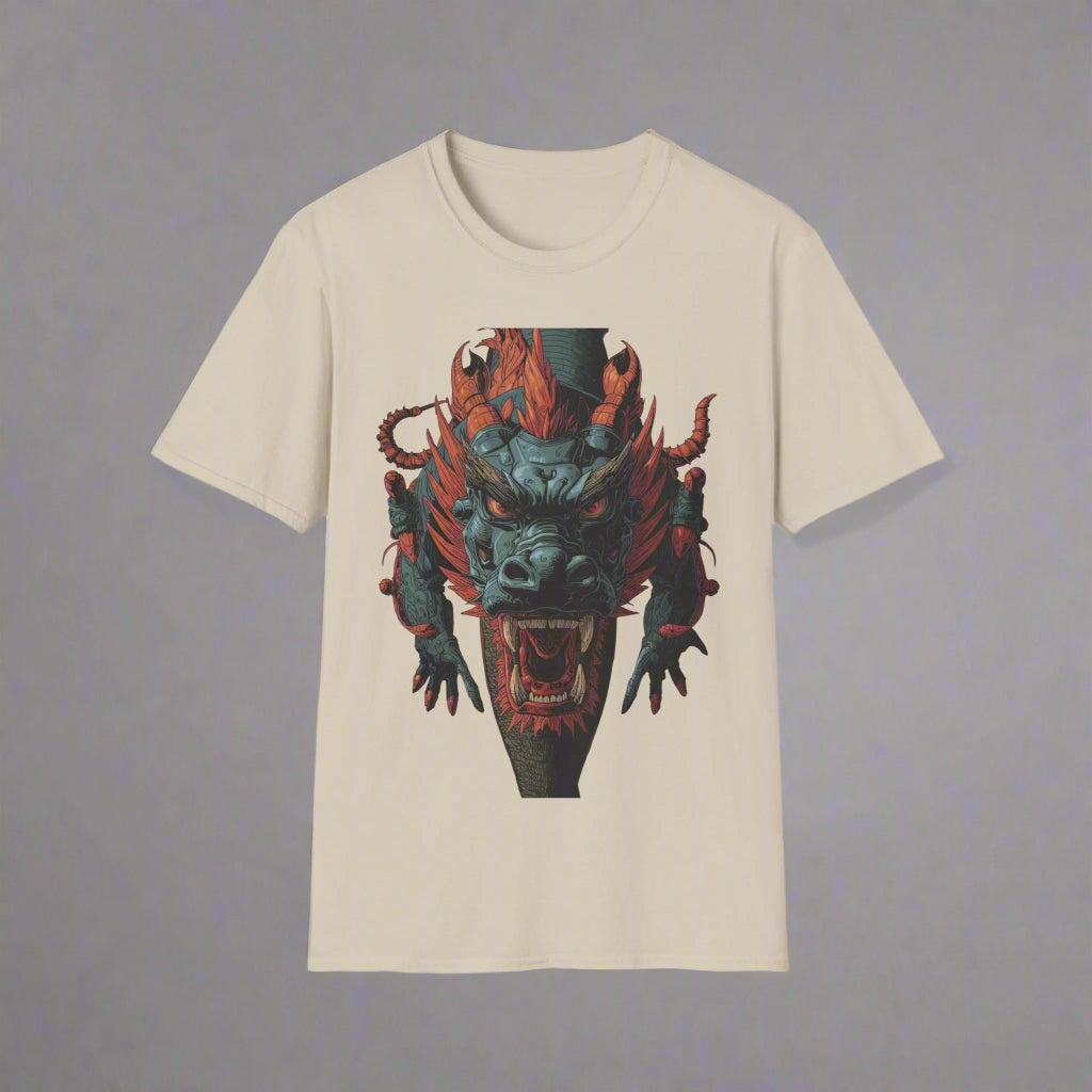 Beige t-shirt with a dragon graphic design