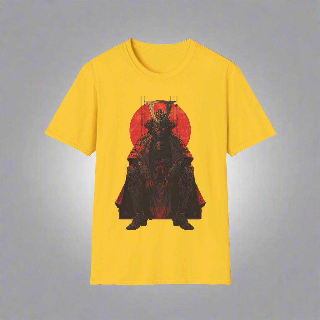 Yellow t-shirt with a black and red graphic design