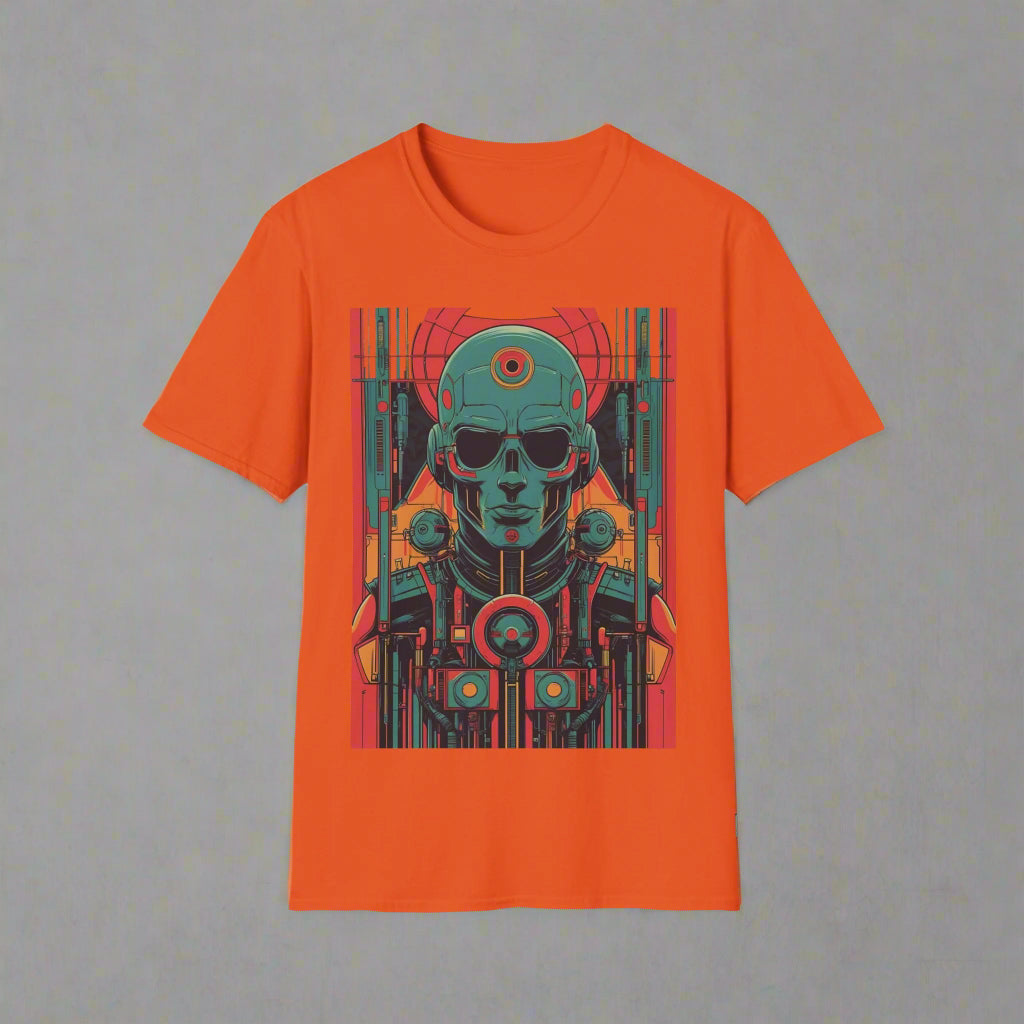 Orange t-shirt with a graphic design of a skull and mechanical elements