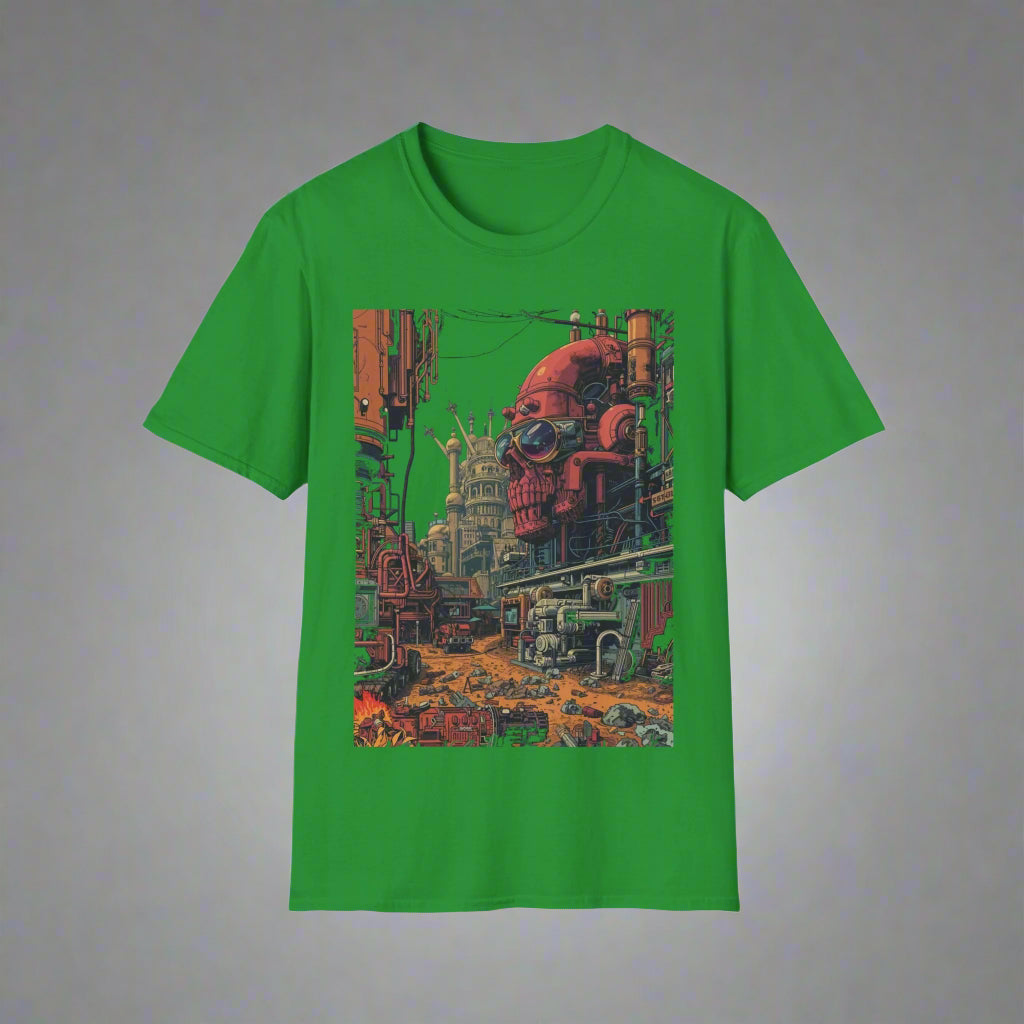 Green t-shirt with a robot and cityscape graphic