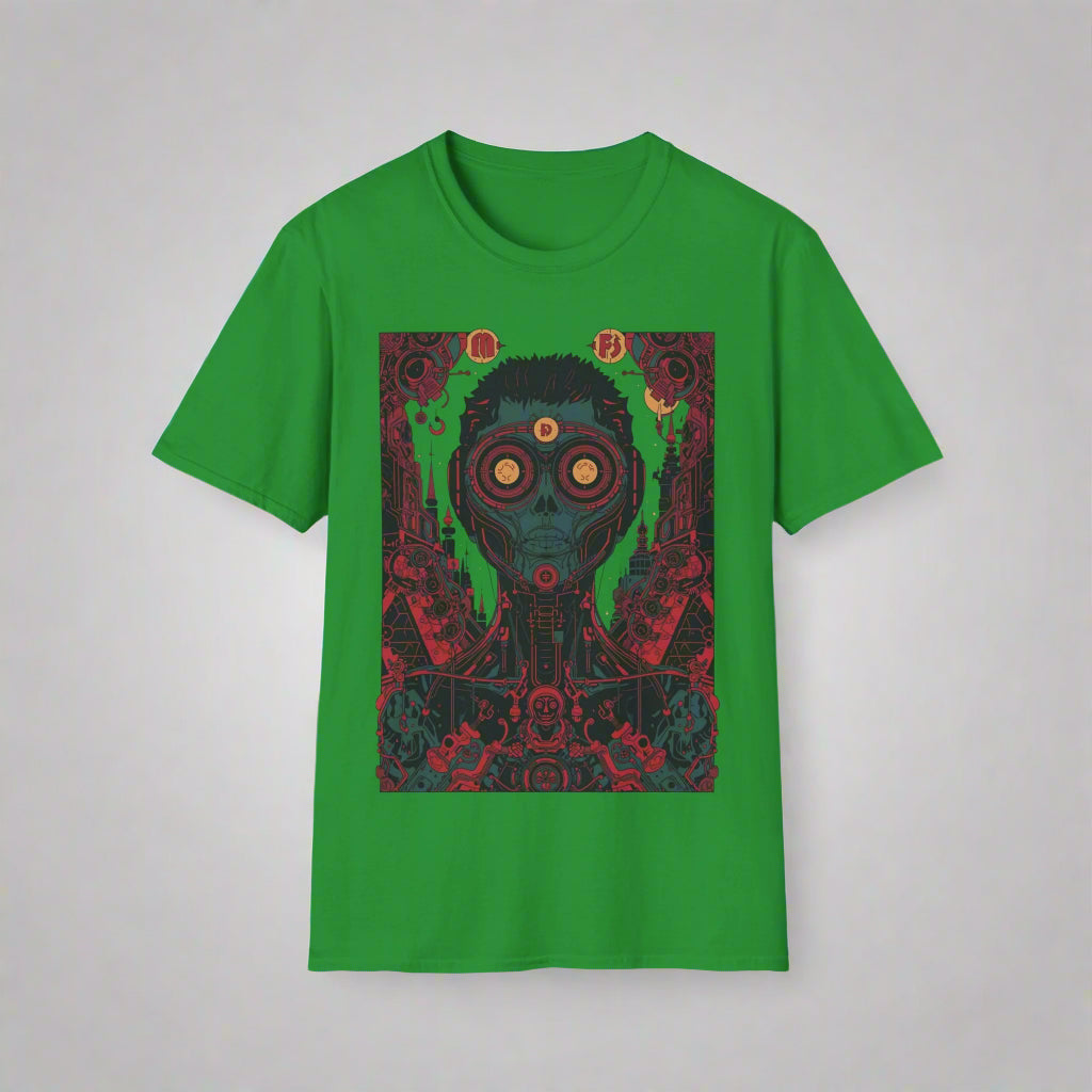 Green t-shirt with a graphic design of a mask