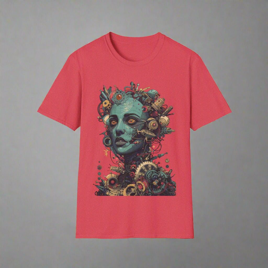 Red t-shirt with a colorful graphic design