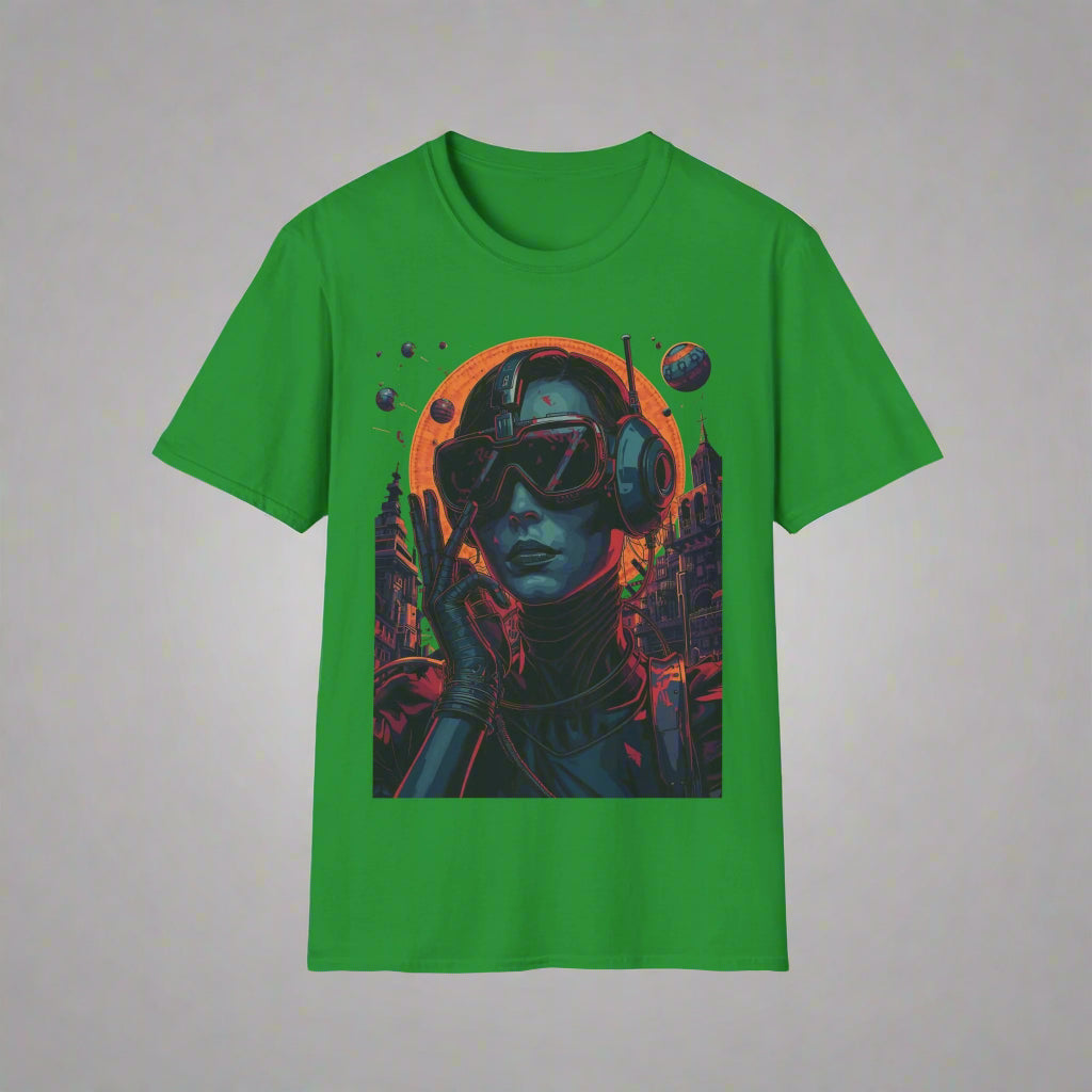 Green t-shirt with a graphic of a person in futuristic gear