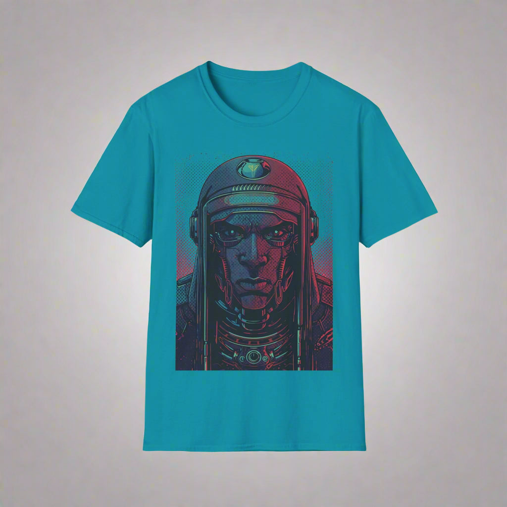 Teal t-shirt with a graphic of a character in a helmet