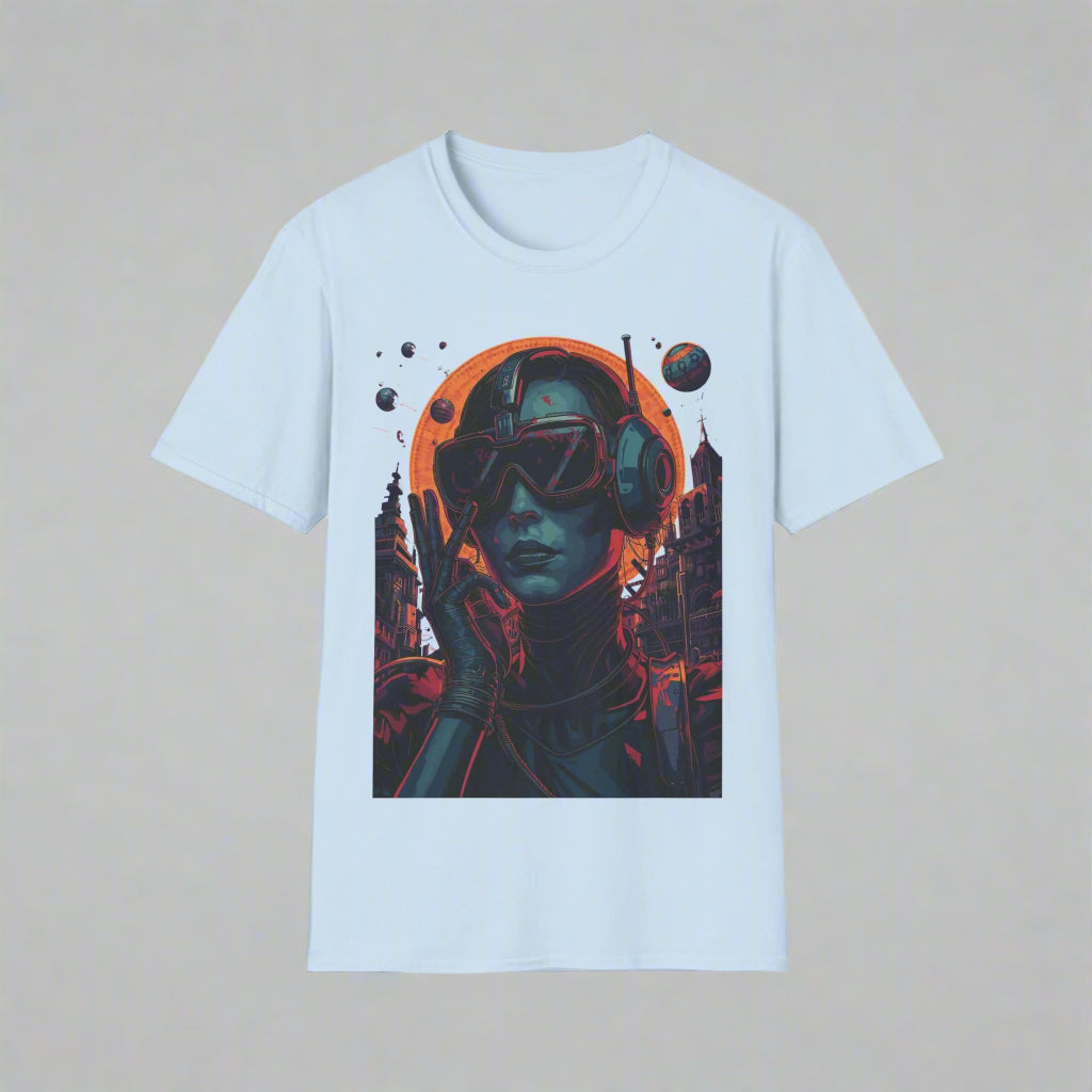Light blue t-shirt with a graphic of a person in futuristic attire