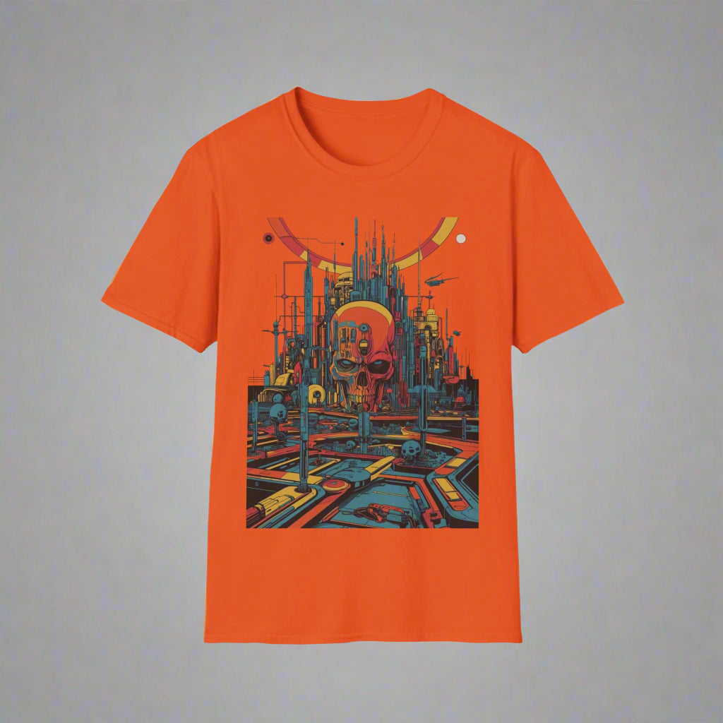 Orange t-shirt with a futuristic cityscape design