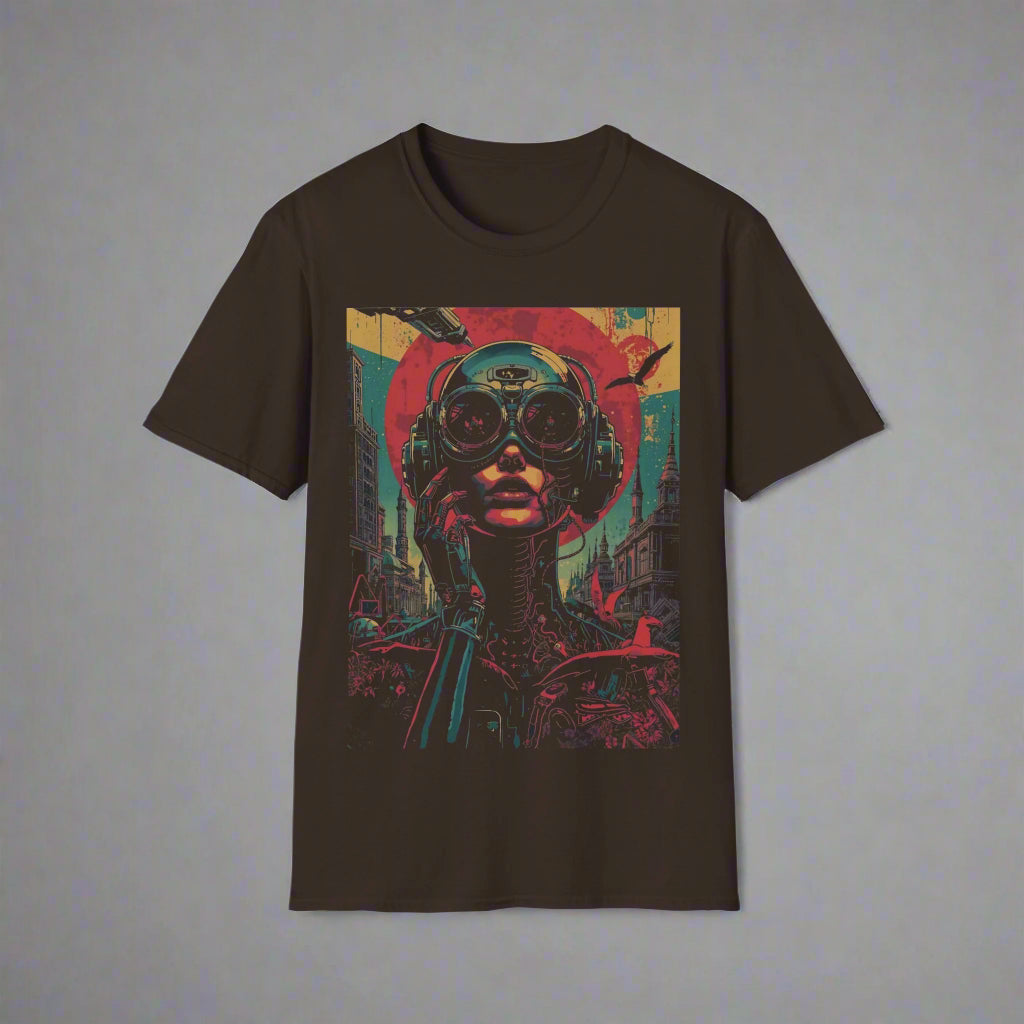 Black t-shirt with a colorful graphic design