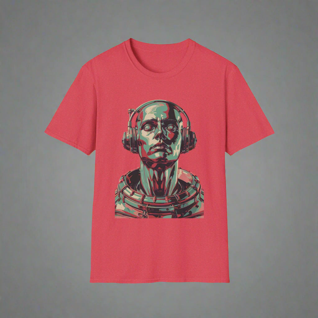 Red t-shirt with a graphic of a robot wearing headphones