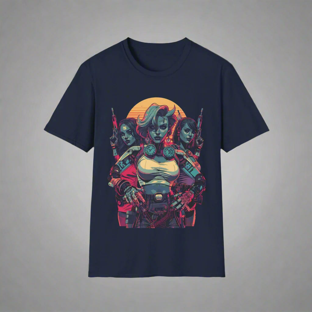 Gray t-shirt with a colorful graphic design of a character