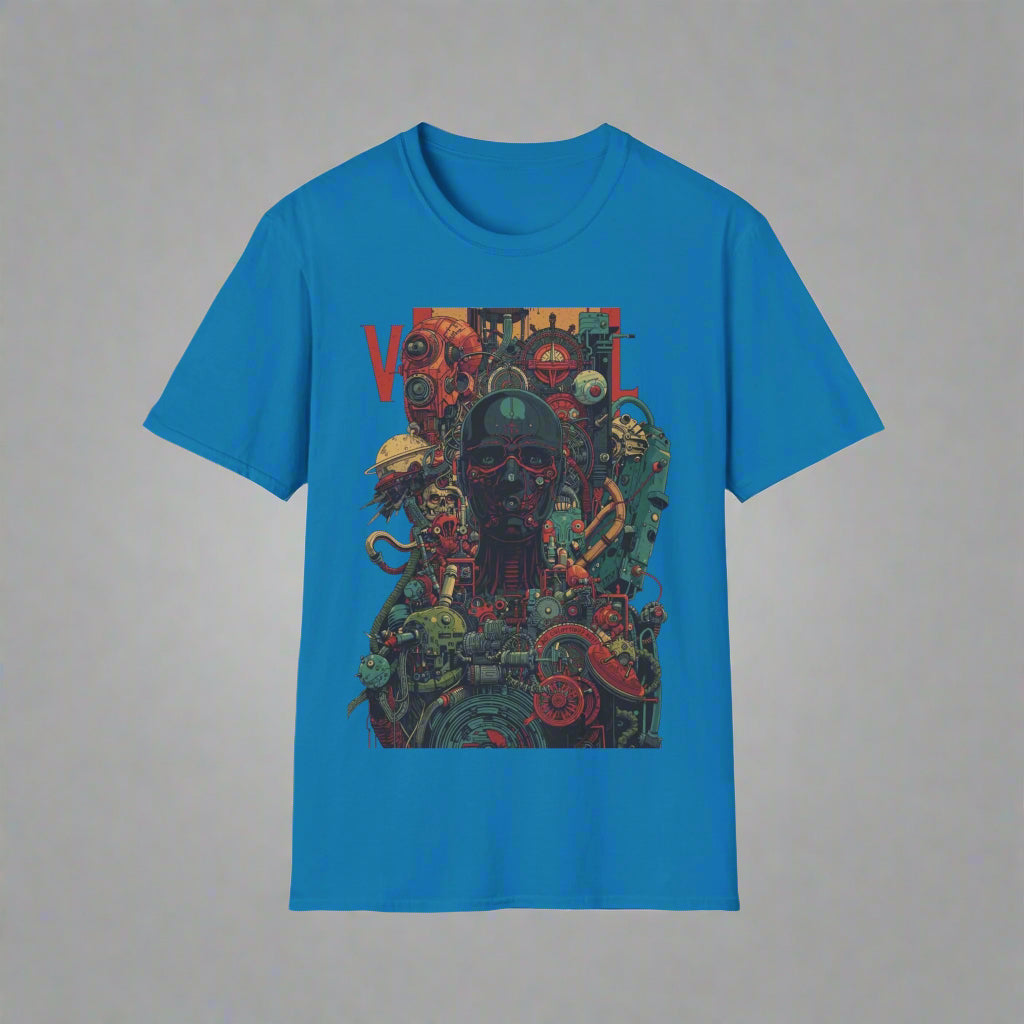 Blue t-shirt with a colorful graphic design
