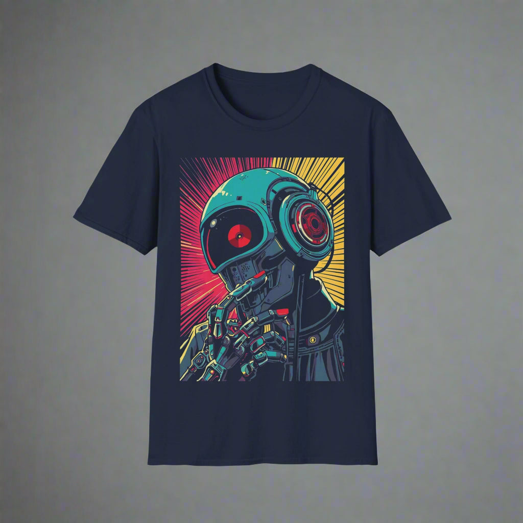 Navy blue t-shirt with a robot graphic