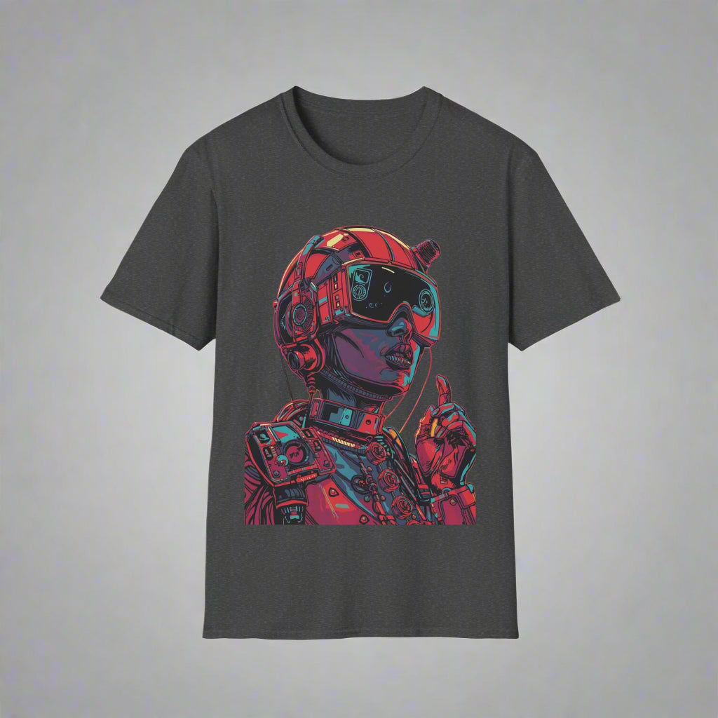 Dark gray t-shirt with a colorful robot graphic