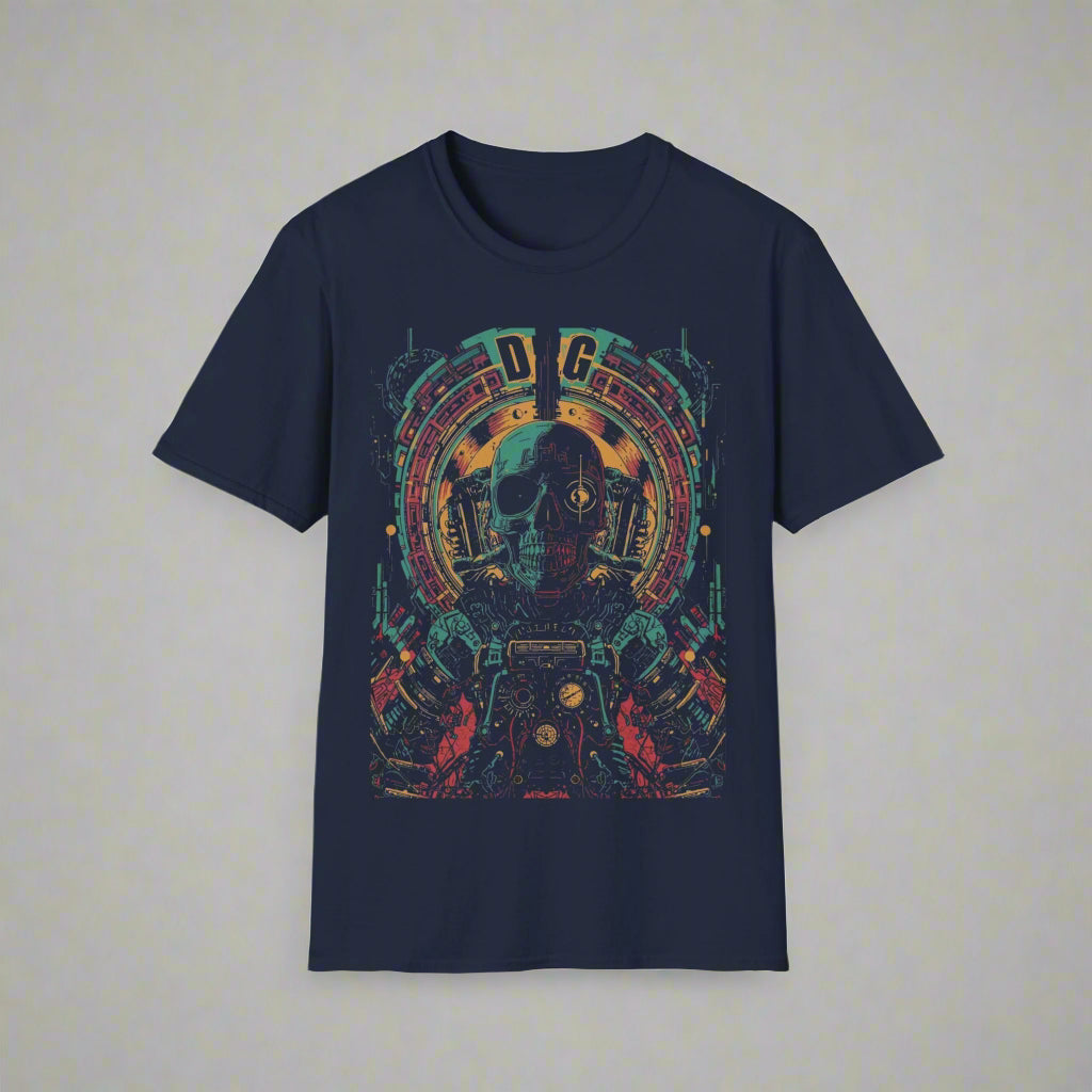 Navy blue t-shirt with a colorful graphic design