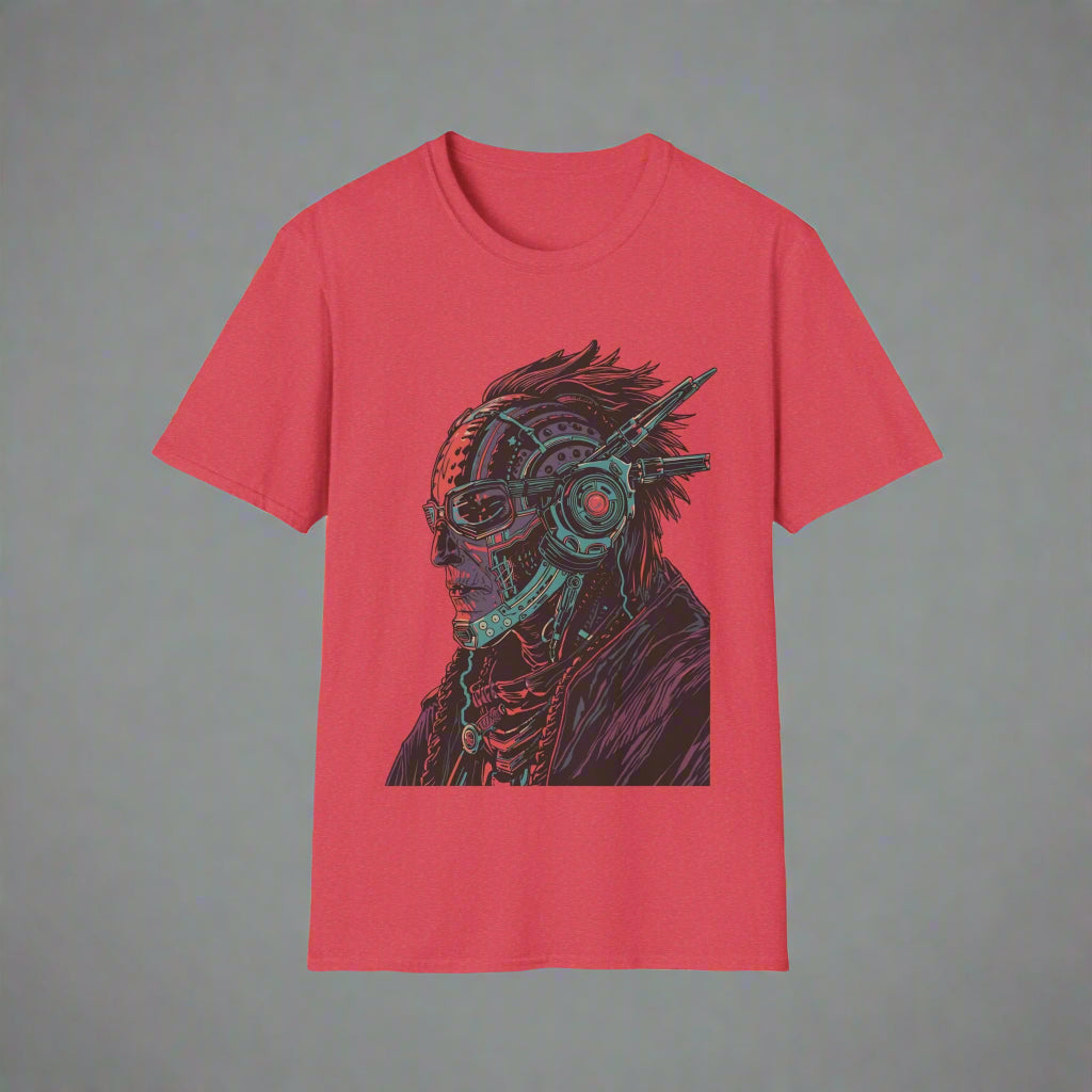 Red t-shirt with a graphic design of a person wearing headphones