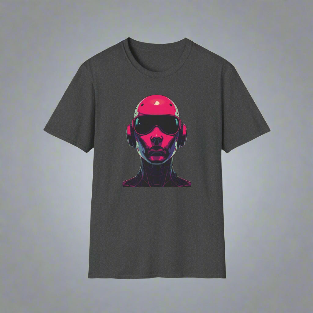Dark gray t-shirt with a colorful graphic of a face wearing sunglasses and headphones