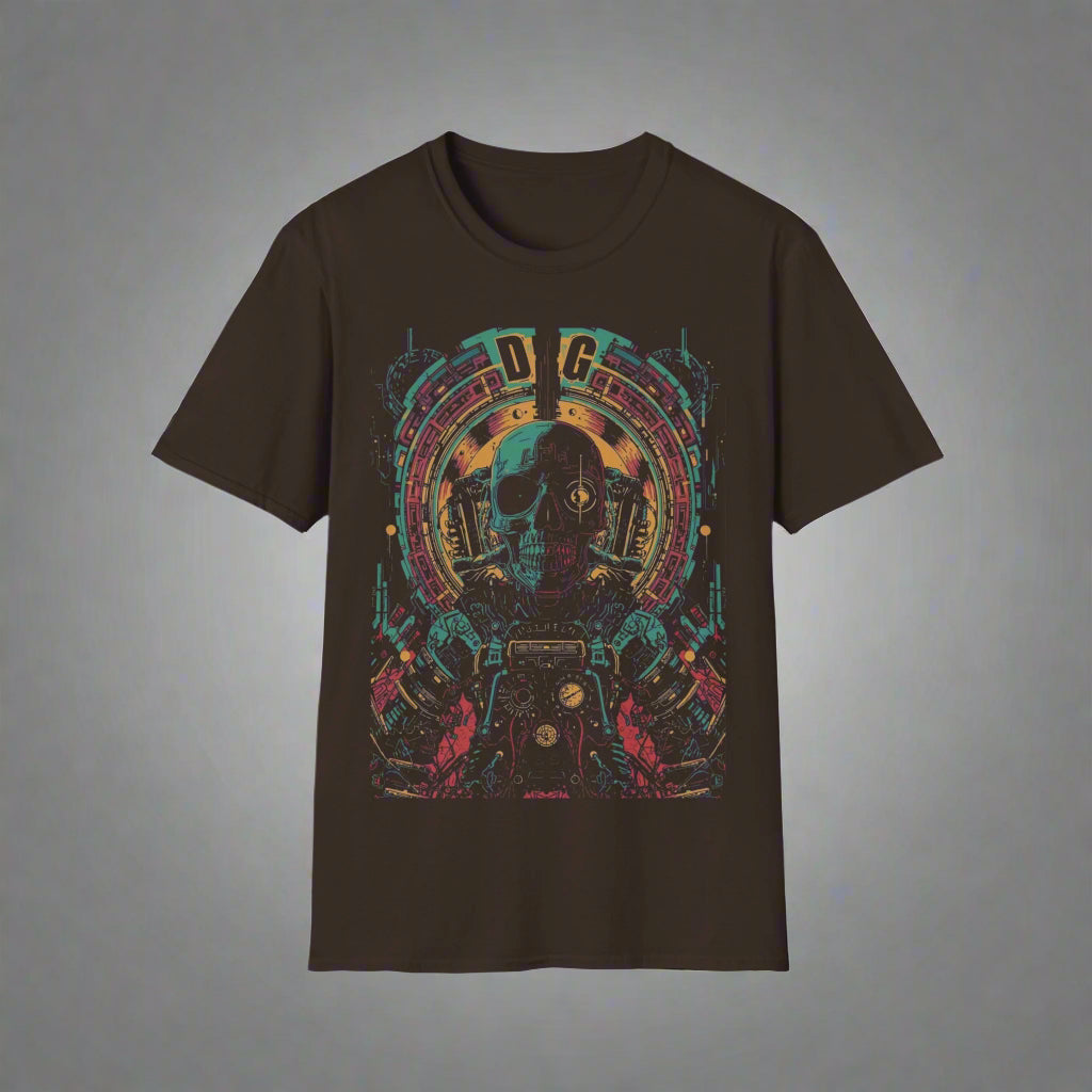Black t-shirt with colorful graphic design