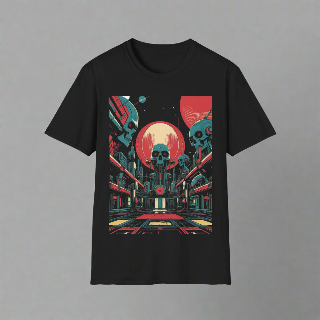 Black t-shirt with a colorful graphic design featuring skulls and architecture