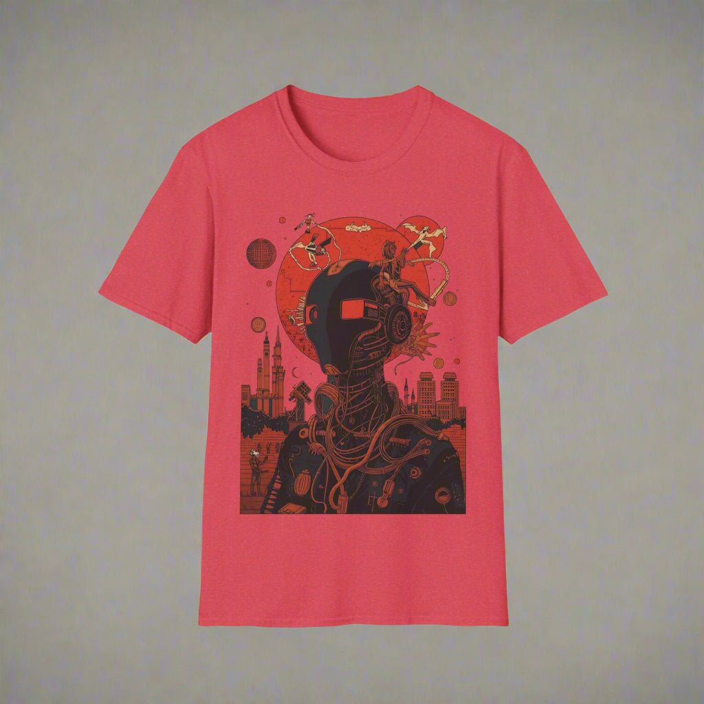 Red t-shirt with a black and orange graphic design