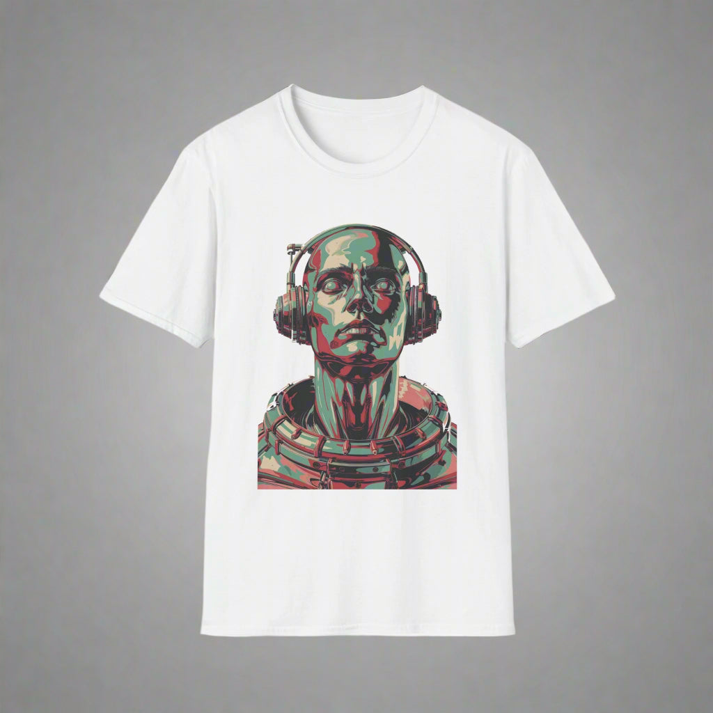 White t-shirt with a graphic design of a person wearing headphones