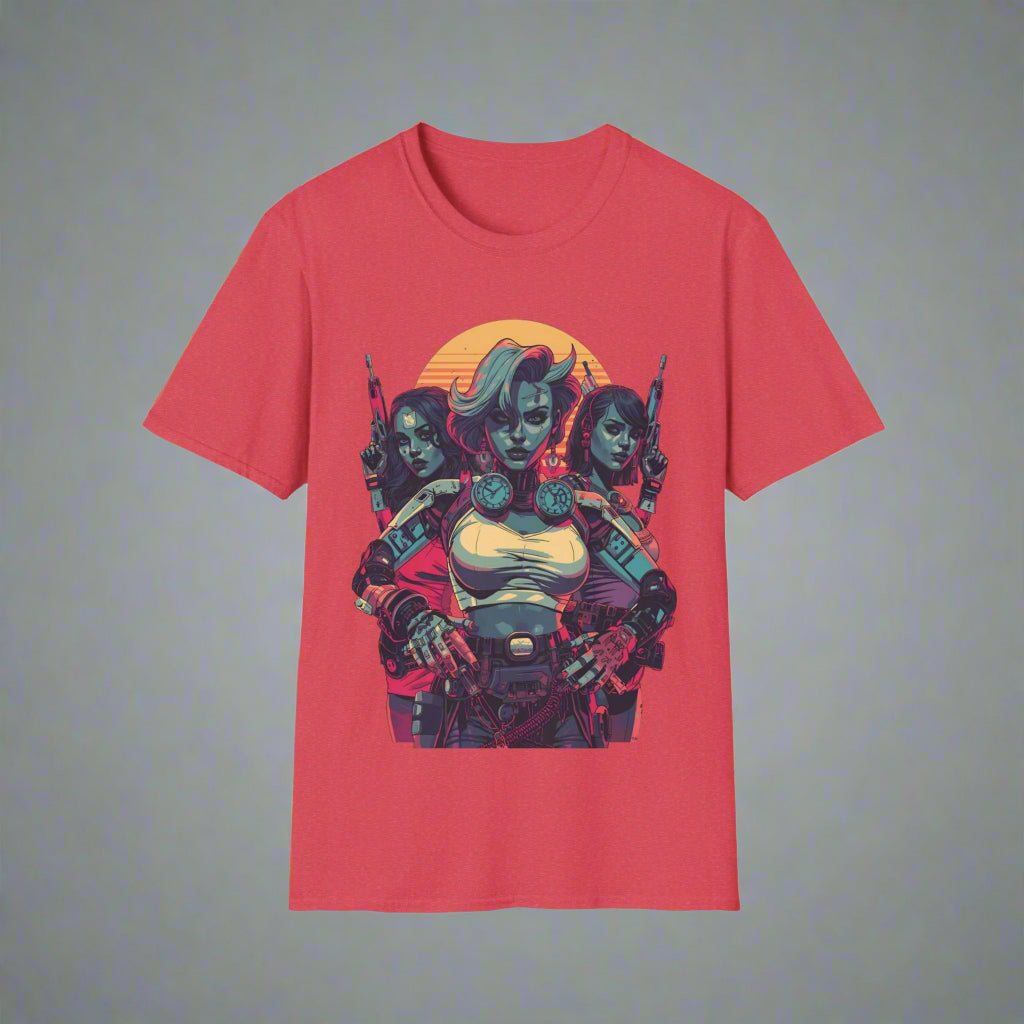 Red t-shirt with a graphic design of three characters