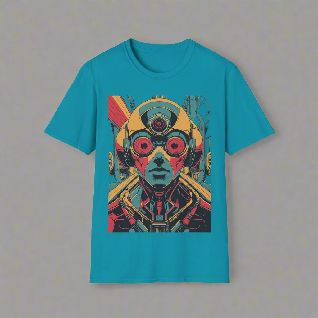 Teal t-shirt with a colorful graphic design