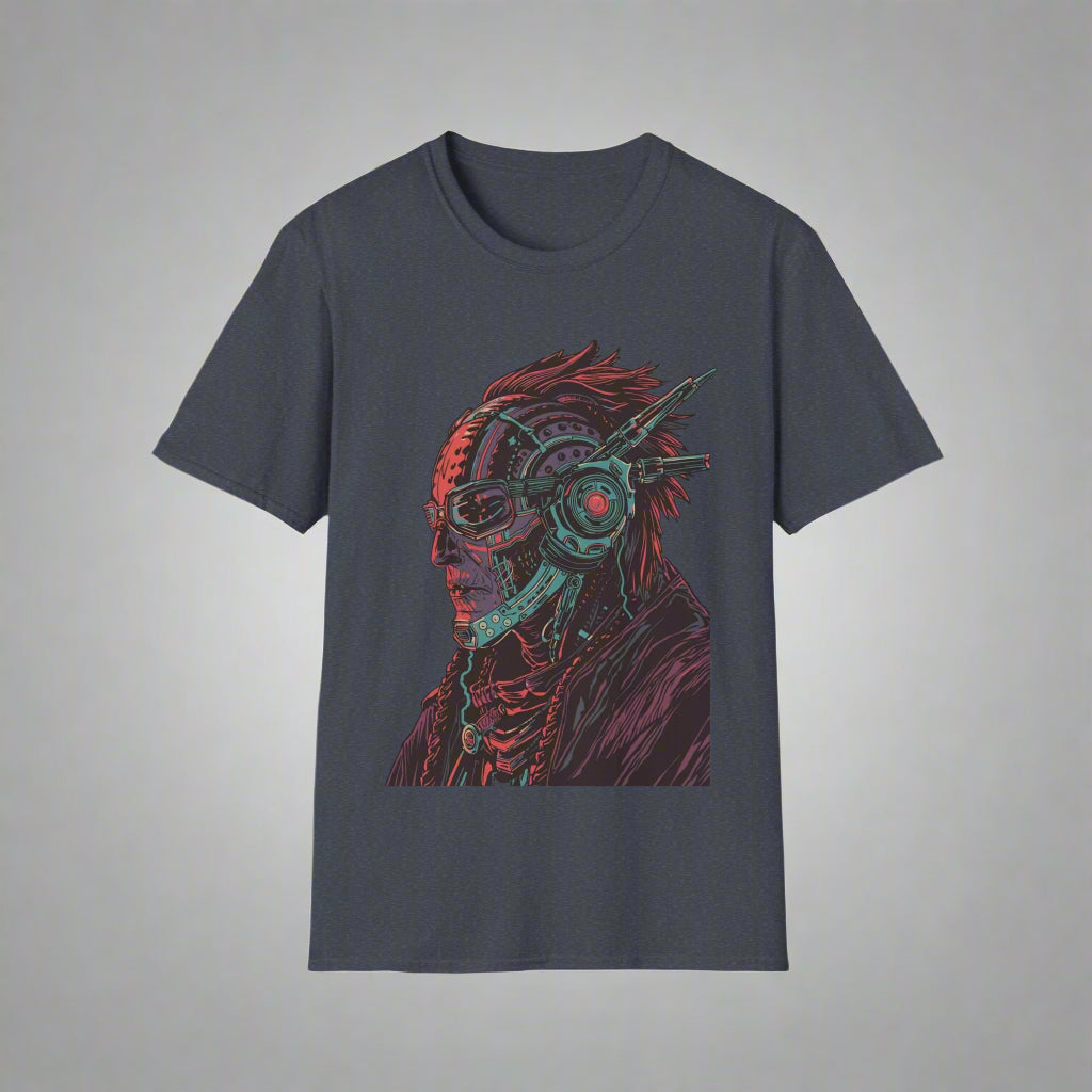 Gray t-shirt with a graphic design of a person wearing goggles