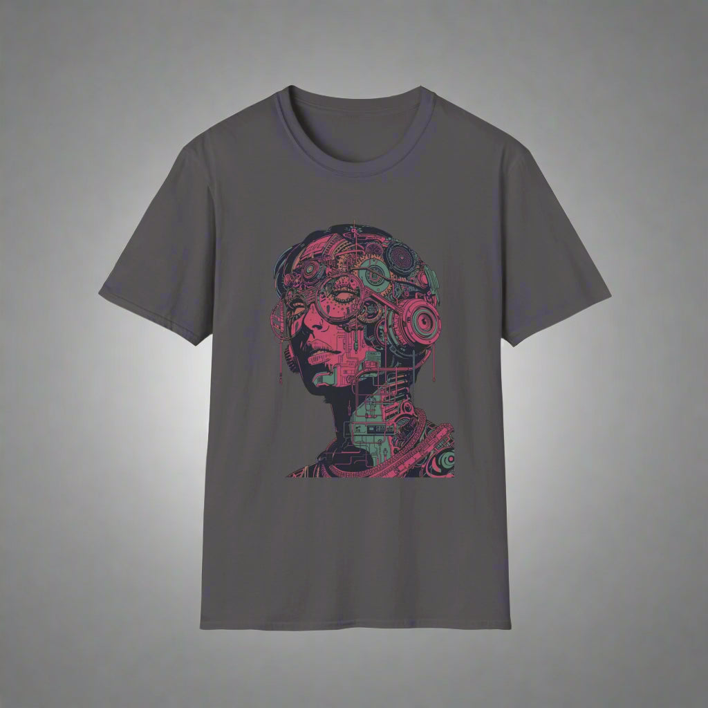 Gray t-shirt with a mechanical head design