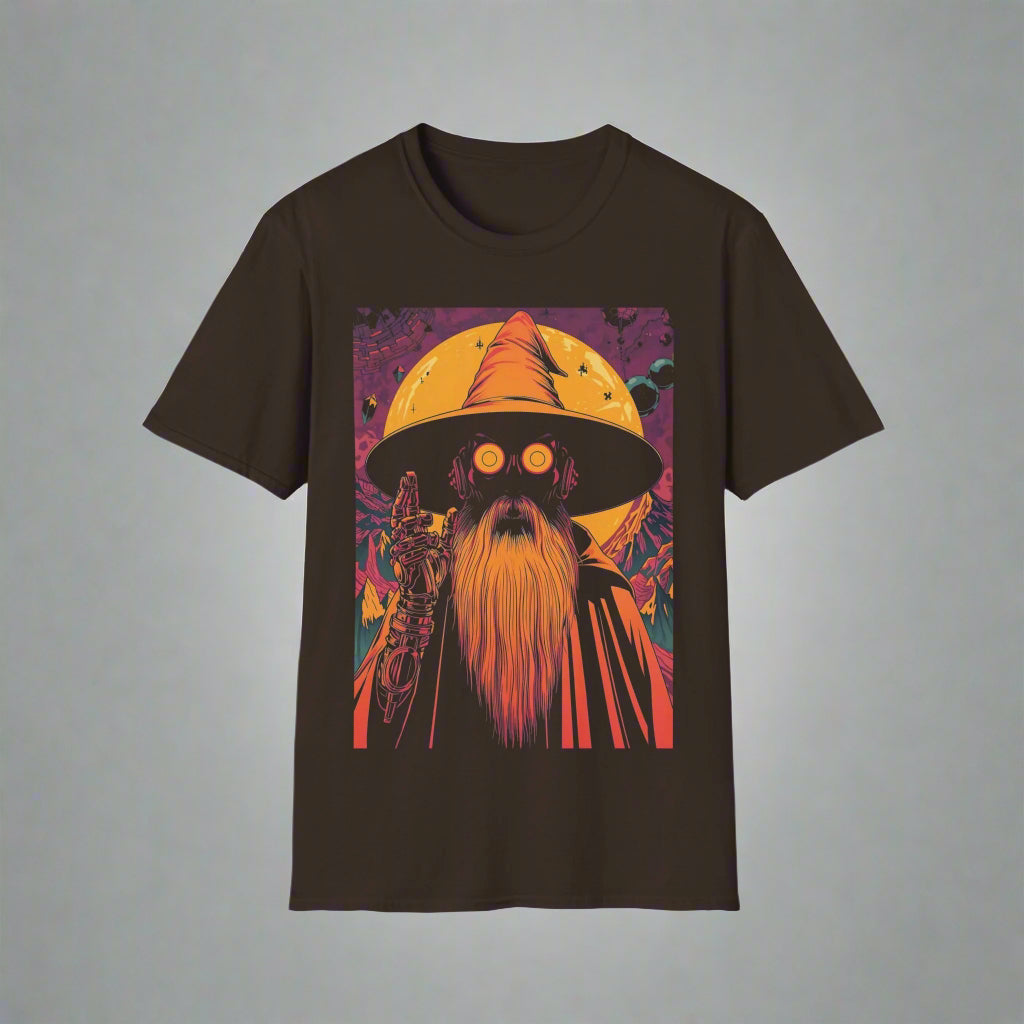 Black t-shirt with a colorful graphic of a wizard wearing a hat