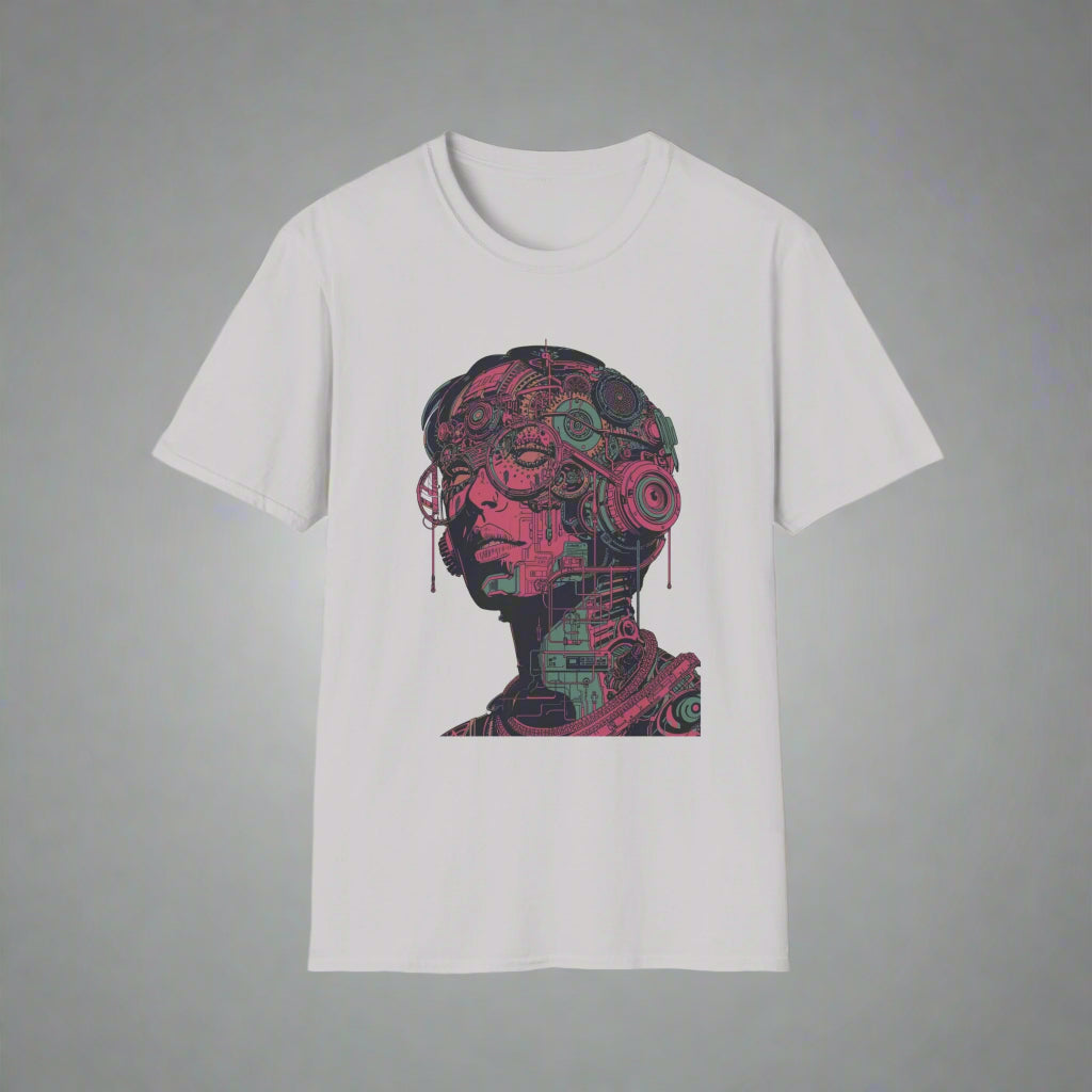 White t-shirt with a colorful mechanical head design