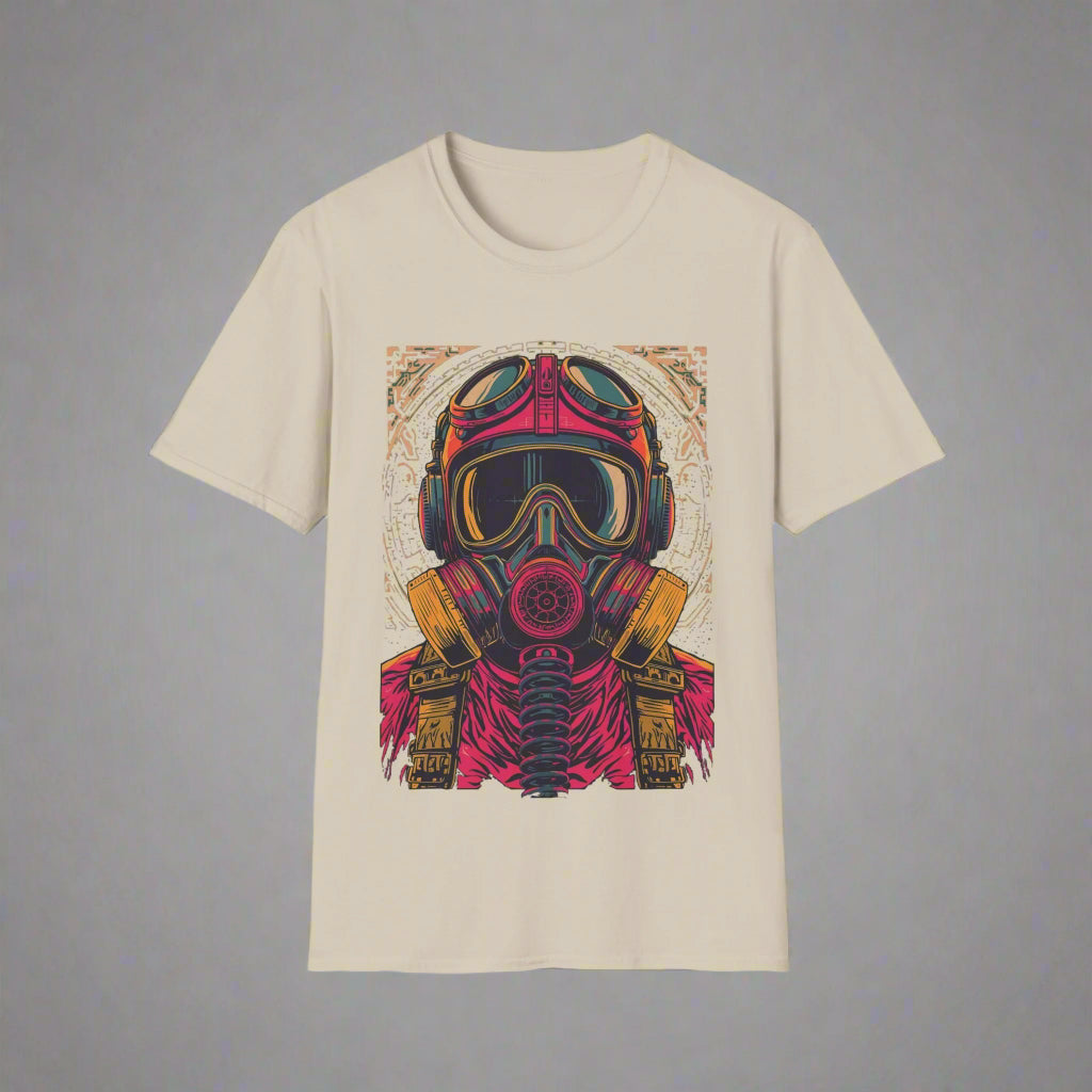 Beige t-shirt with a colorful graphic of a helmet and gas mask