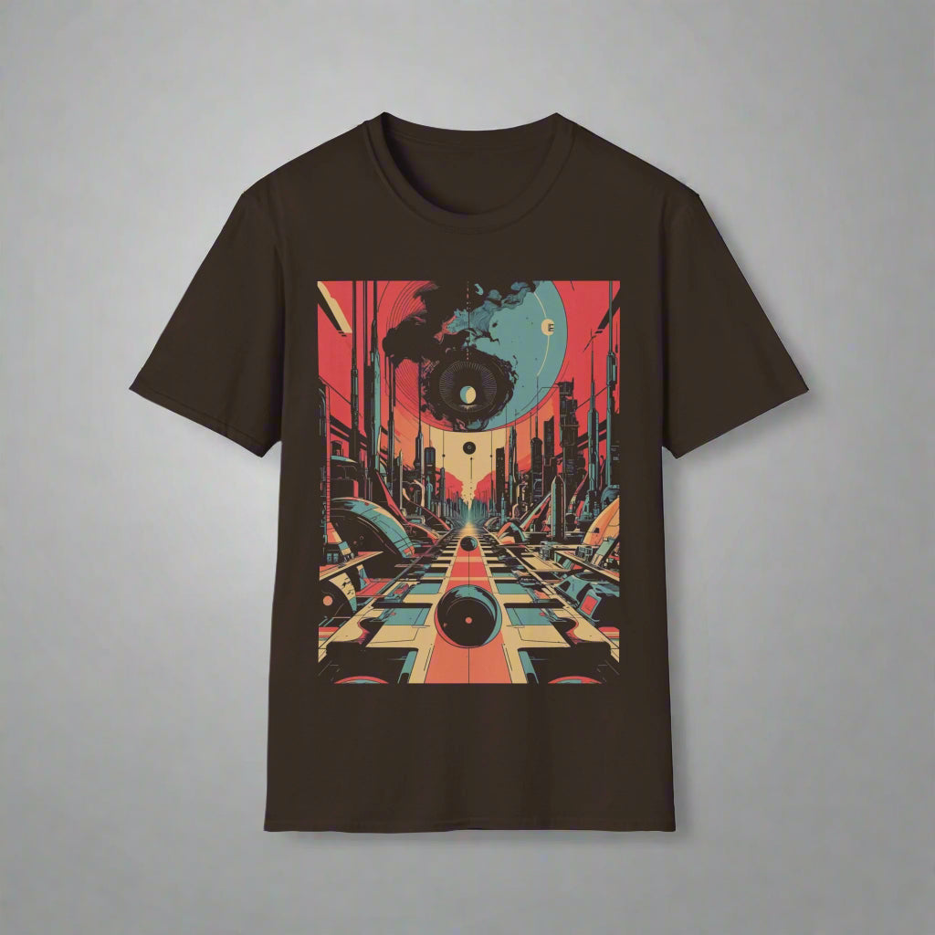 Black t-shirt with a colorful abstract design