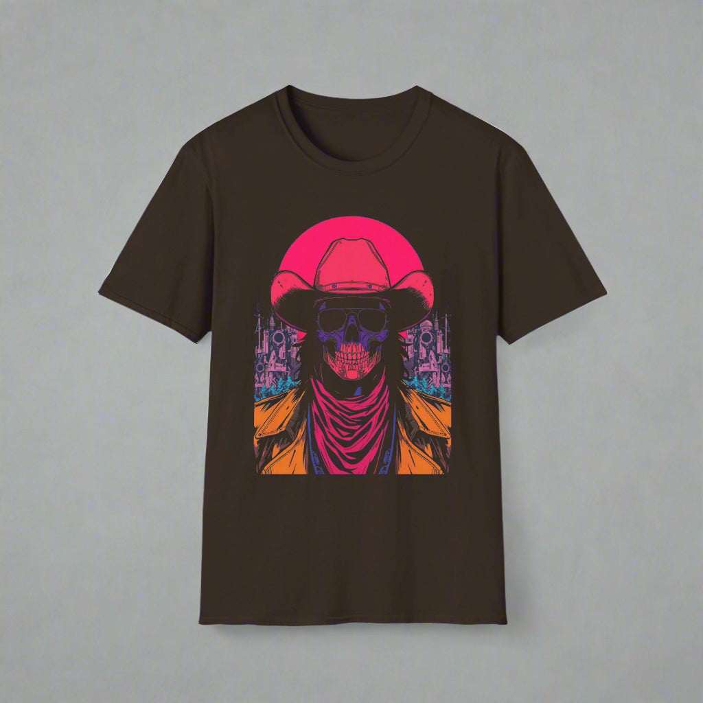Black t-shirt with a colorful graphic of a skeleton wearing a cowboy hat