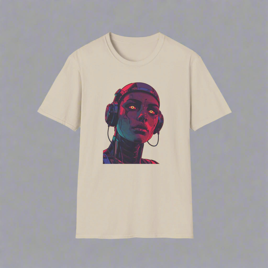 Beige t-shirt with a graphic of a person wearing headphones