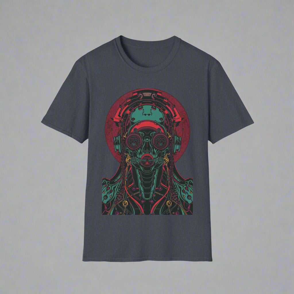 Gray t-shirt with a colorful robot graphic