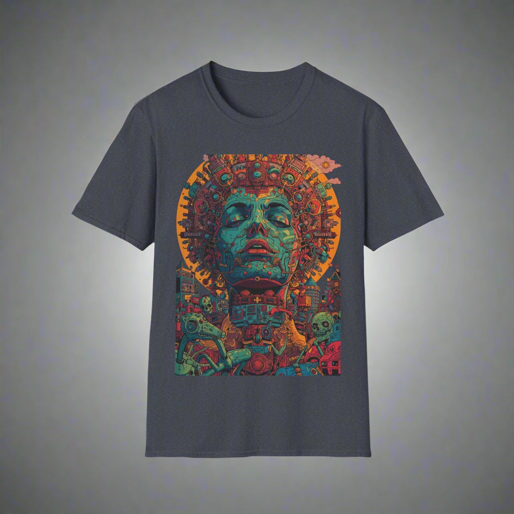 Gray t-shirt with a colorful graphic design