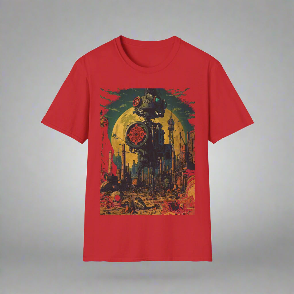 Red t-shirt with a colorful graphic design