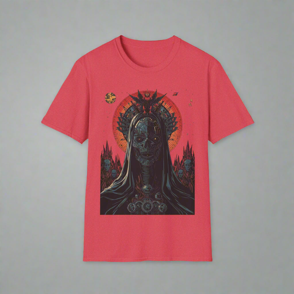 Red t-shirt with a black and white graphic design