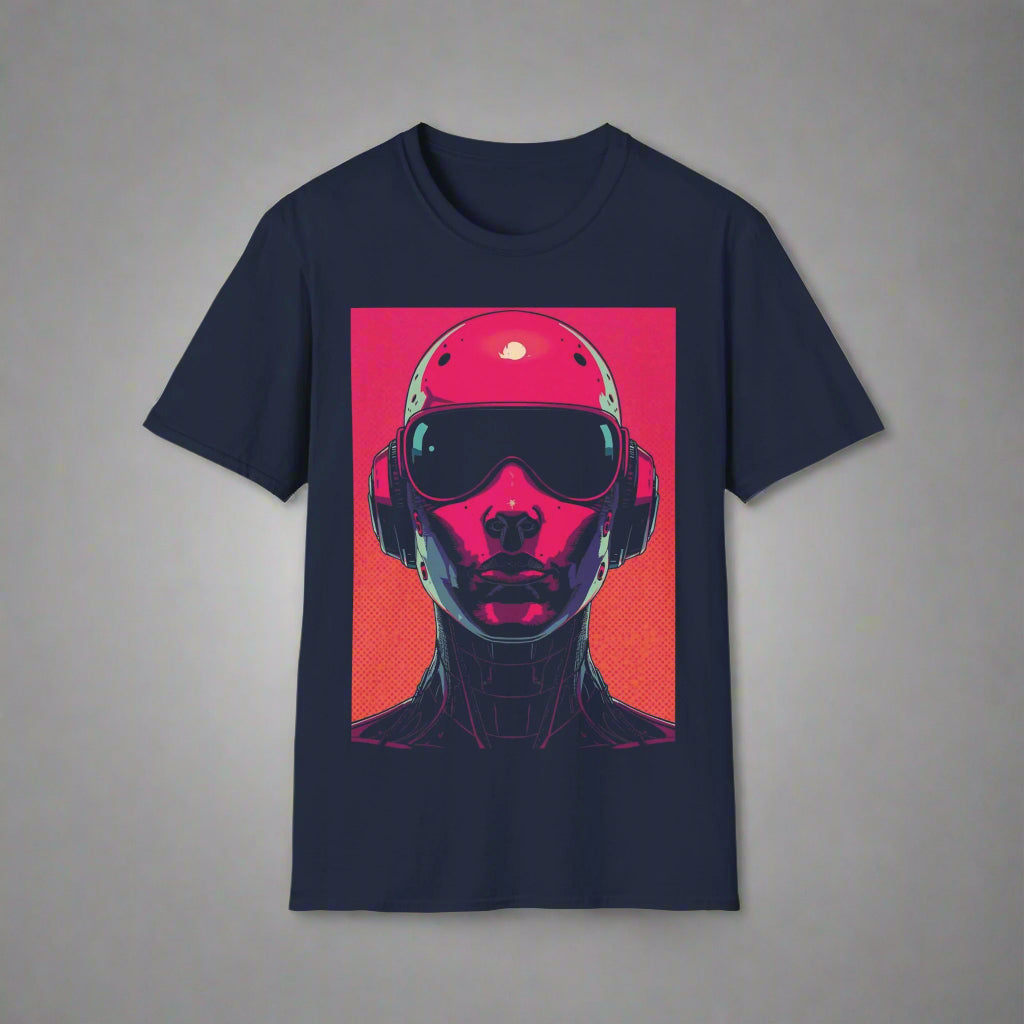 Navy blue t-shirt with a graphic of a person wearing headphones and sunglasses