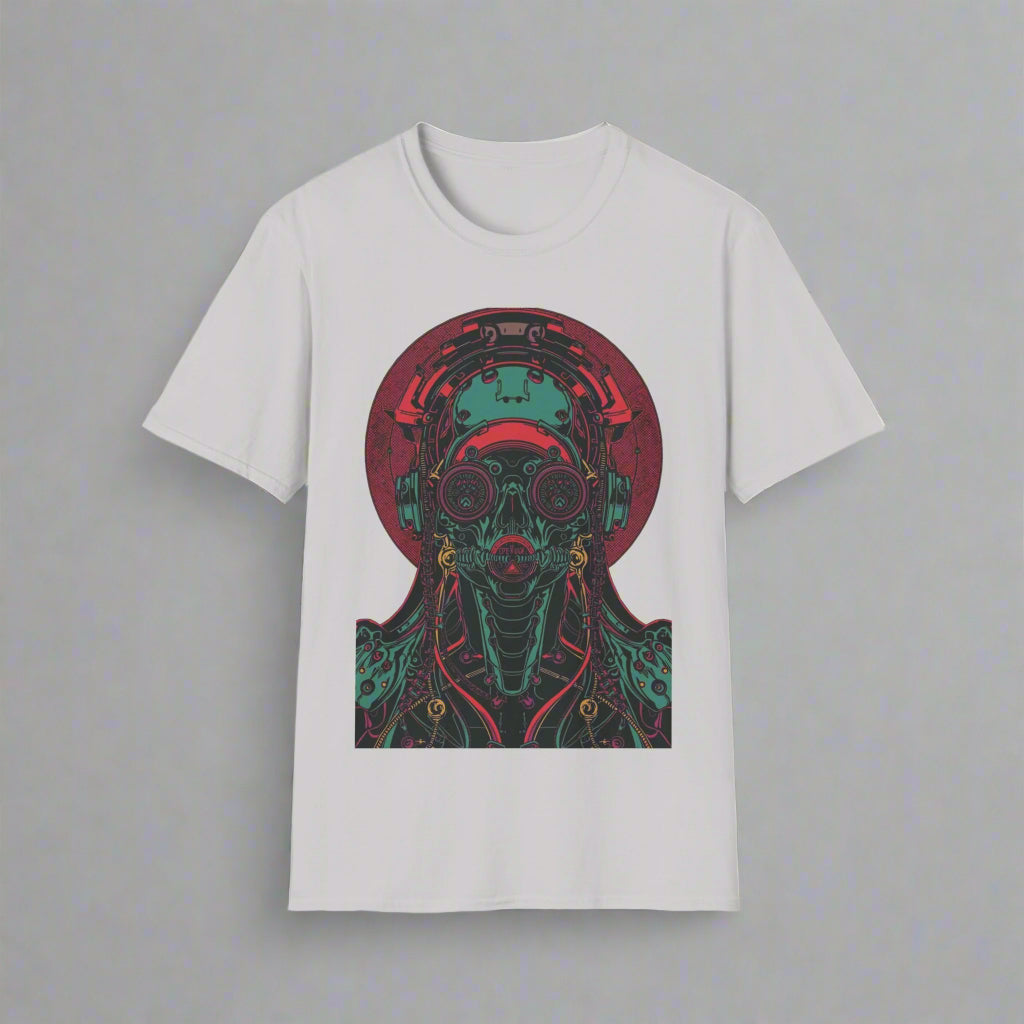 White t-shirt with a colorful graphic design