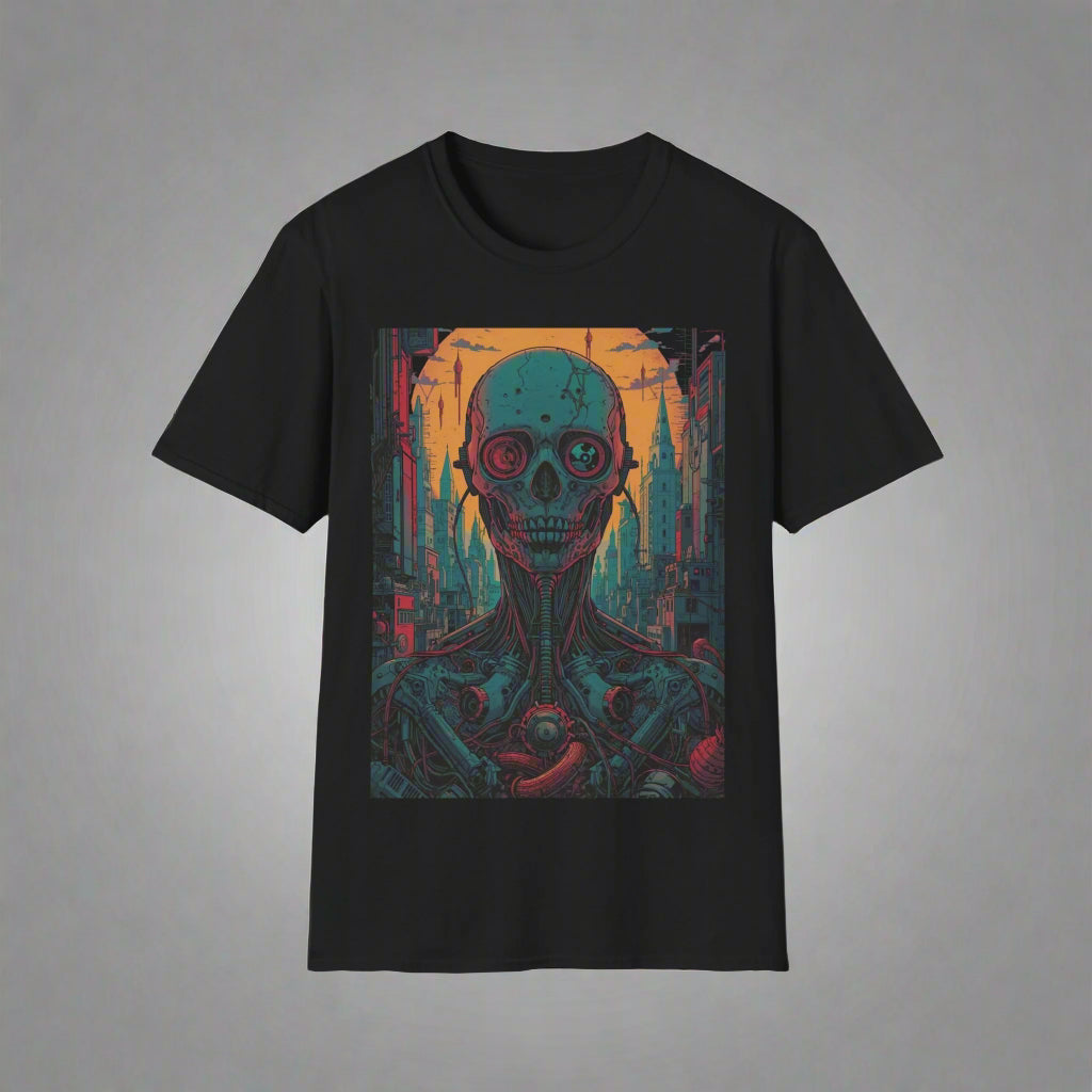 Black t-shirt with a colorful graphic of a skull