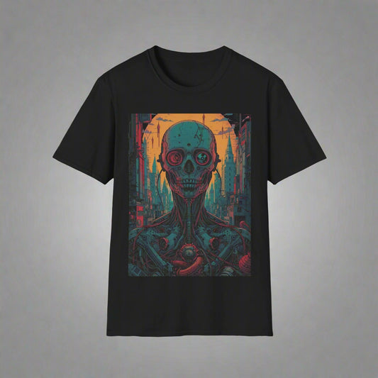 Black t-shirt with a colorful graphic of a skull