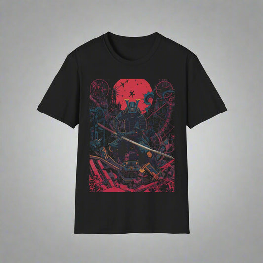 Black t-shirt with a colorful graphic design