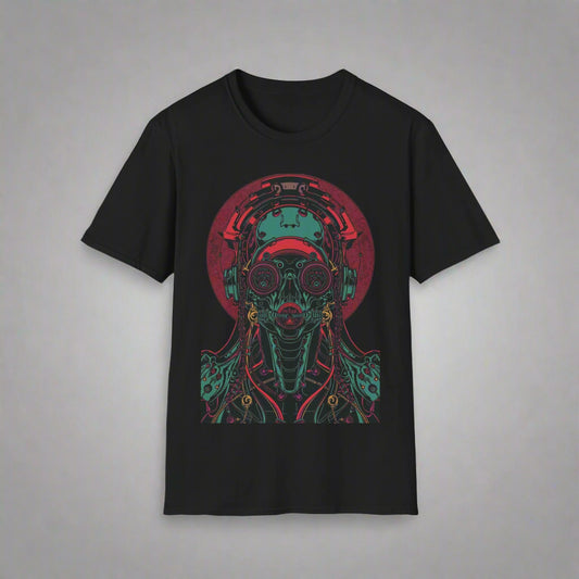 Black t-shirt with a colorful robot design