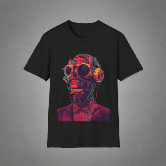Black t-shirt with a colorful graphic of a skull wearing goggles