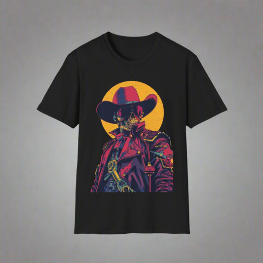 Black t-shirt with a colorful graphic of a skeleton wearing a cowboy hat and jacket