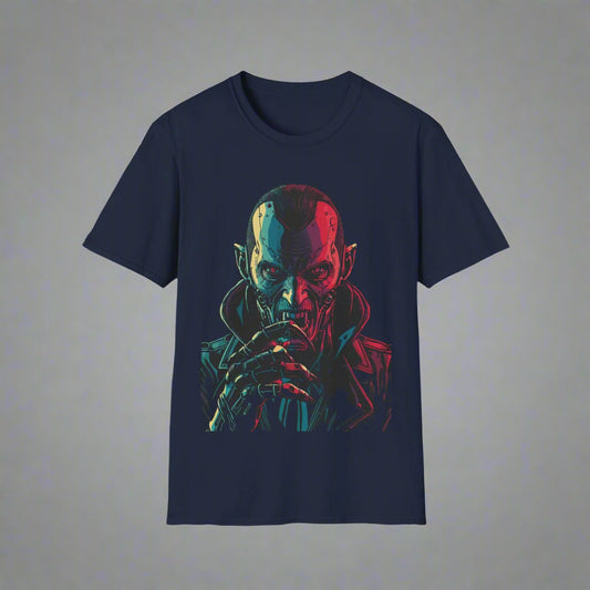 Navy blue t-shirt with a graphic design of a character
