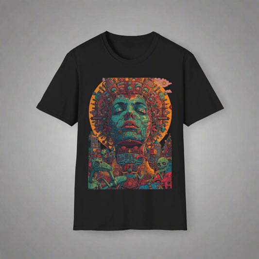Black t-shirt with a colorful Mayan head design 