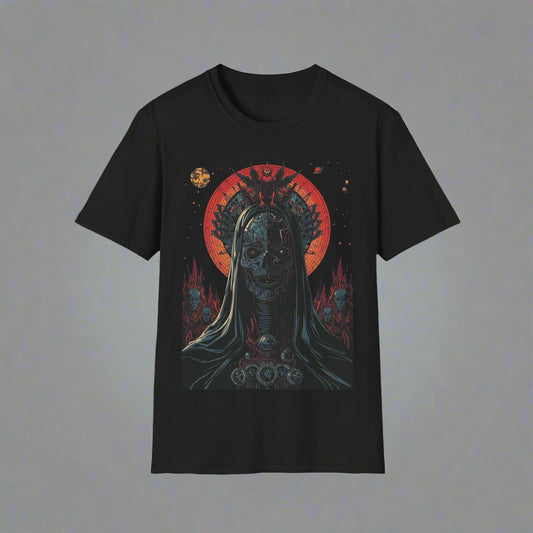 Black t-shirt with a graphic design of a hooded figure and red circle