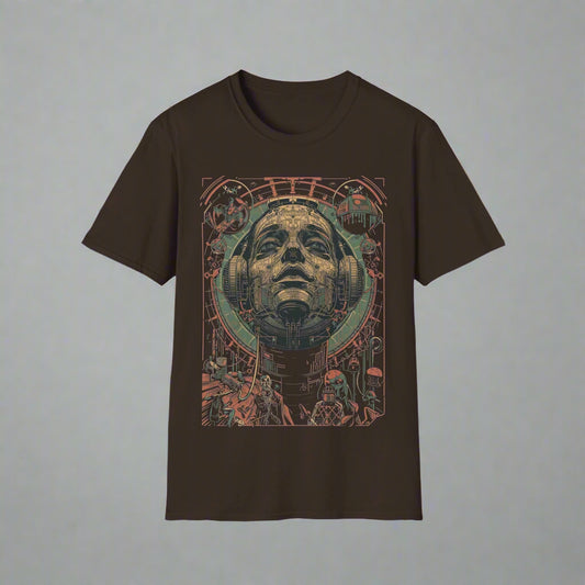 Brown t-shirt with a graphic design of a face and abstract elements